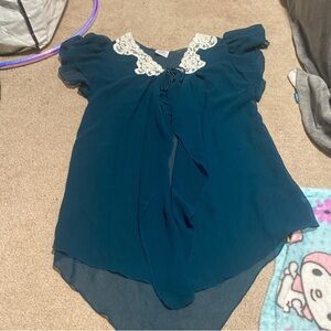 Elegant Sheer Teal Blouse with Lace Details